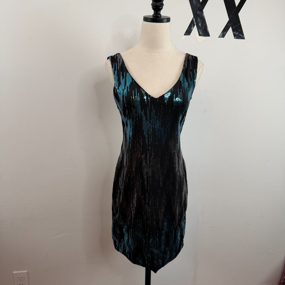 Y2K Blue Black Ombre Sequin Sparkle V Neck Open Back Fitted Party Midi Dress S
